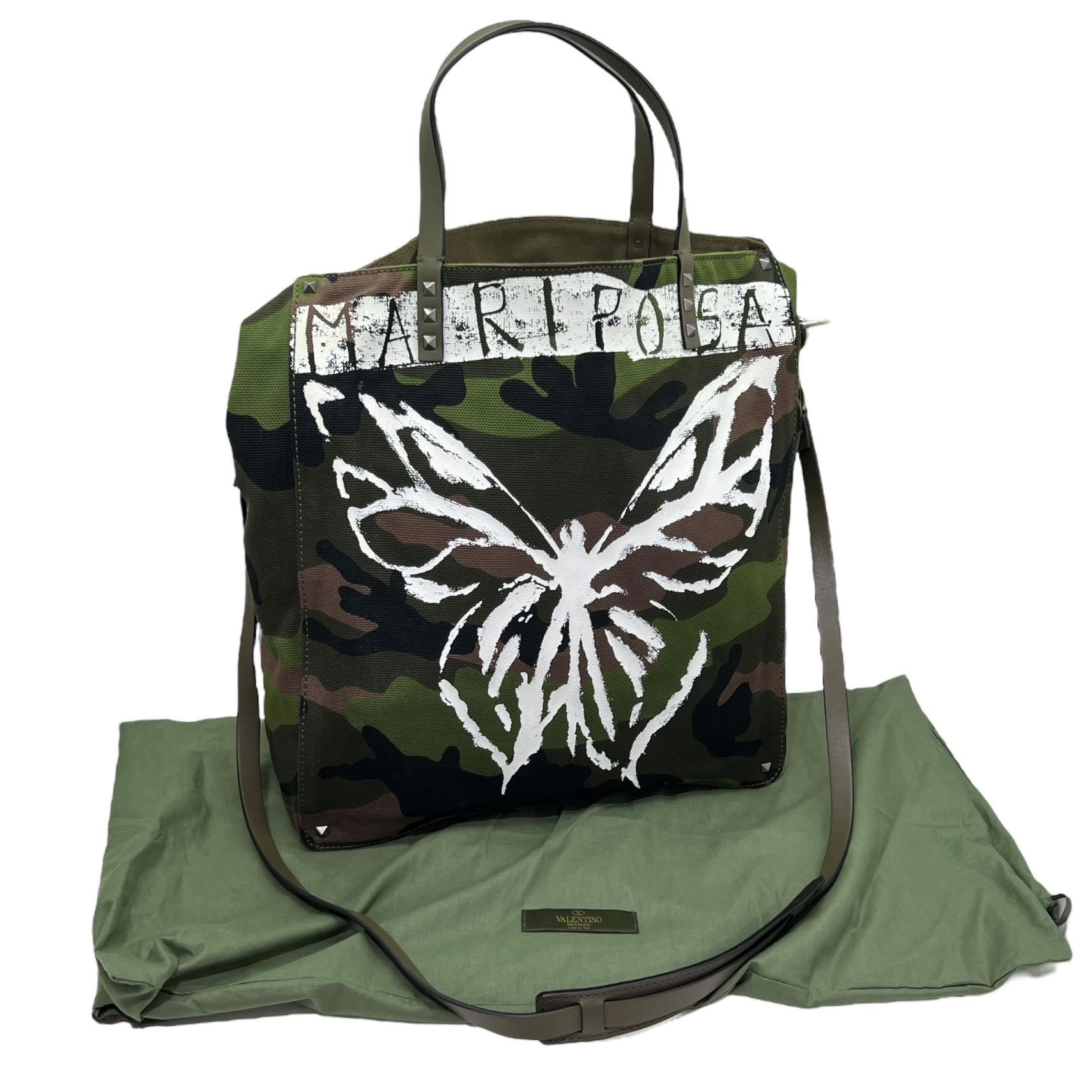 VALENTINO GARAVANI TOTE BAG MARIPOSA IN TESSUTO CAMOUFLAGE E PELLE