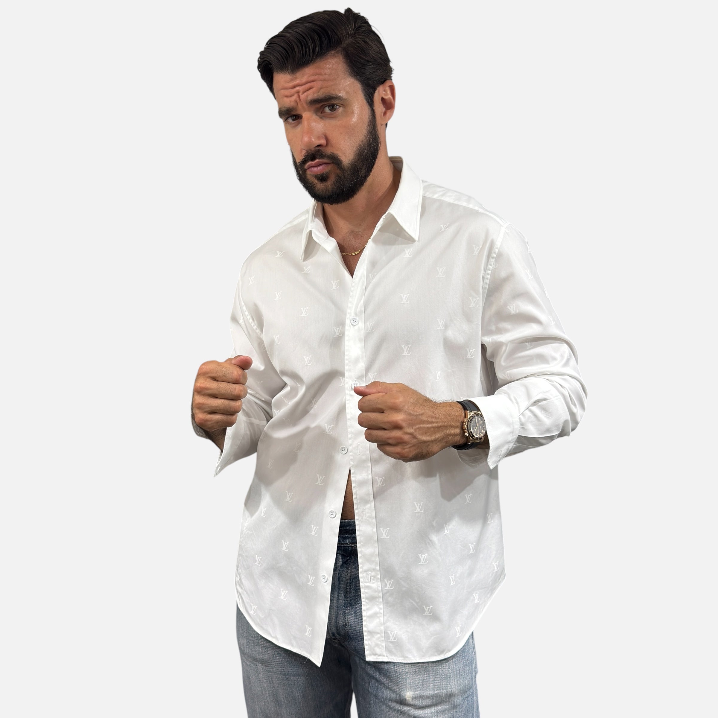 Camicia a maniche lunghe in cotone con firme LV Blason stampate taglia XL