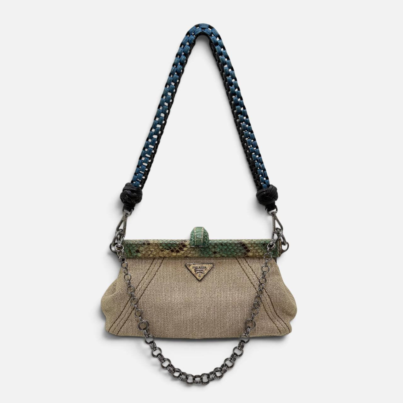 Borsa a spalla in lino e inserti in pitone