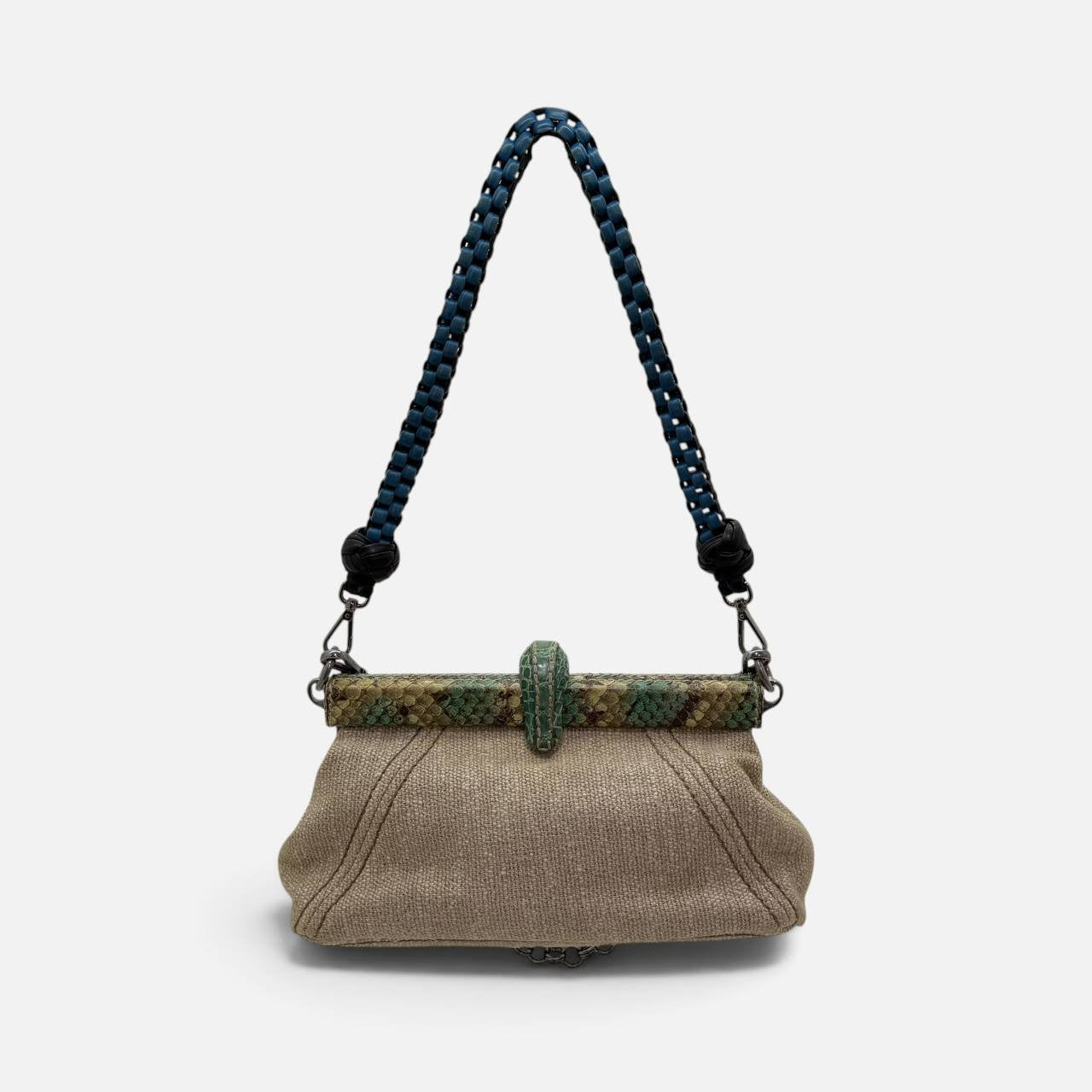 Borsa a spalla in lino e inserti in pitone